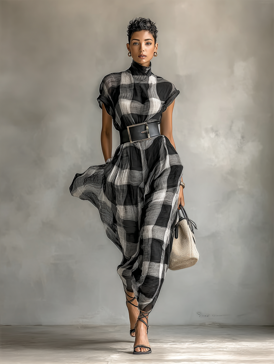 Plaid Cotton-Blend High-Collar Short-Sleeve Belted Maxi Dress