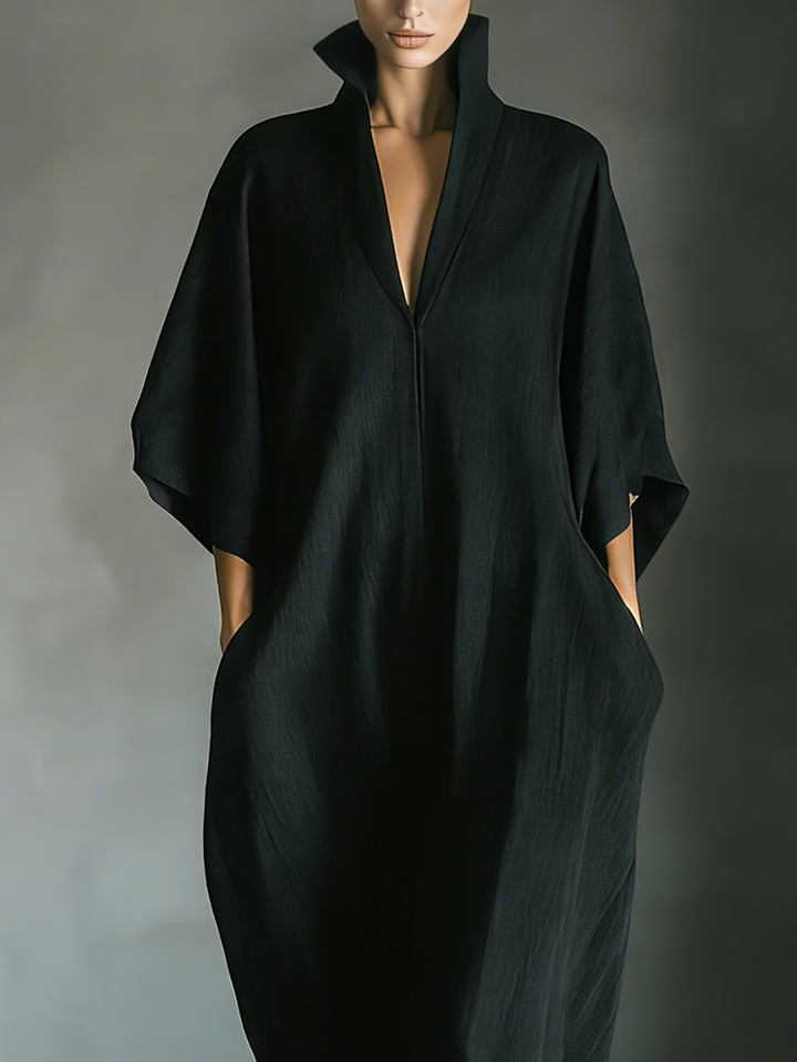 Black Cotton-Blend Oversized Kimono-Sleeve Maxi Dress with Pockets