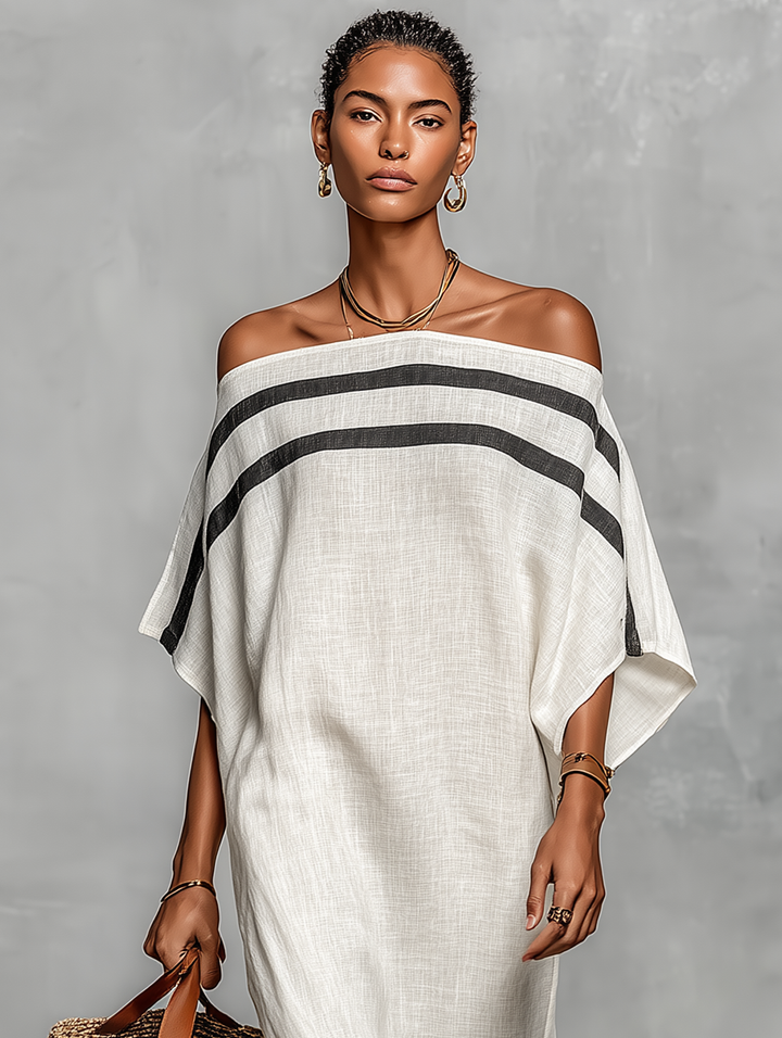 Linen-Blend Off-the-Shoulder Batwing Sleeve Maxi Dress