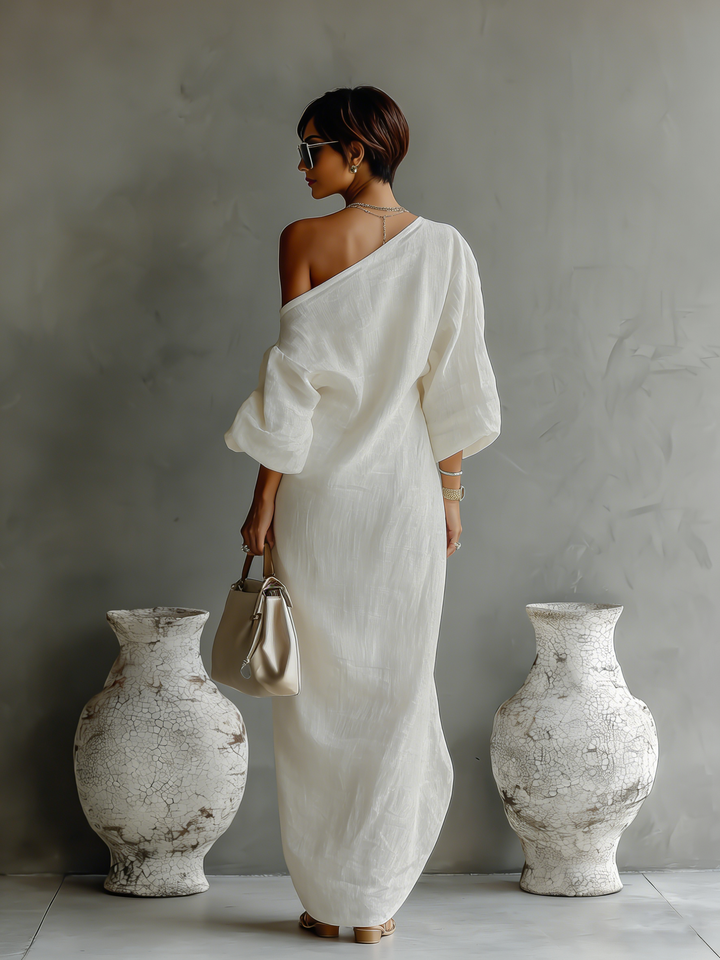 Robe fluide asymétrique en mélange coton-lin ivoire