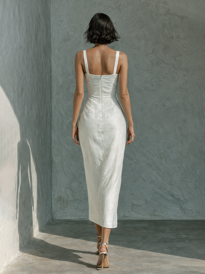 Robe midi sans manches en mélange de coton et lin blanc