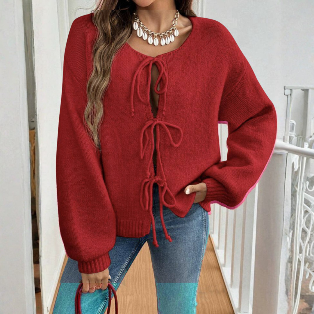 ADRIENNE™ - Gilet chic à manches longues, col rond et nœud sur le devant