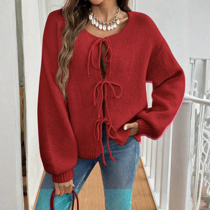 ADRIENNE™ - Gilet chic à manches longues, col rond et nœud sur le devant