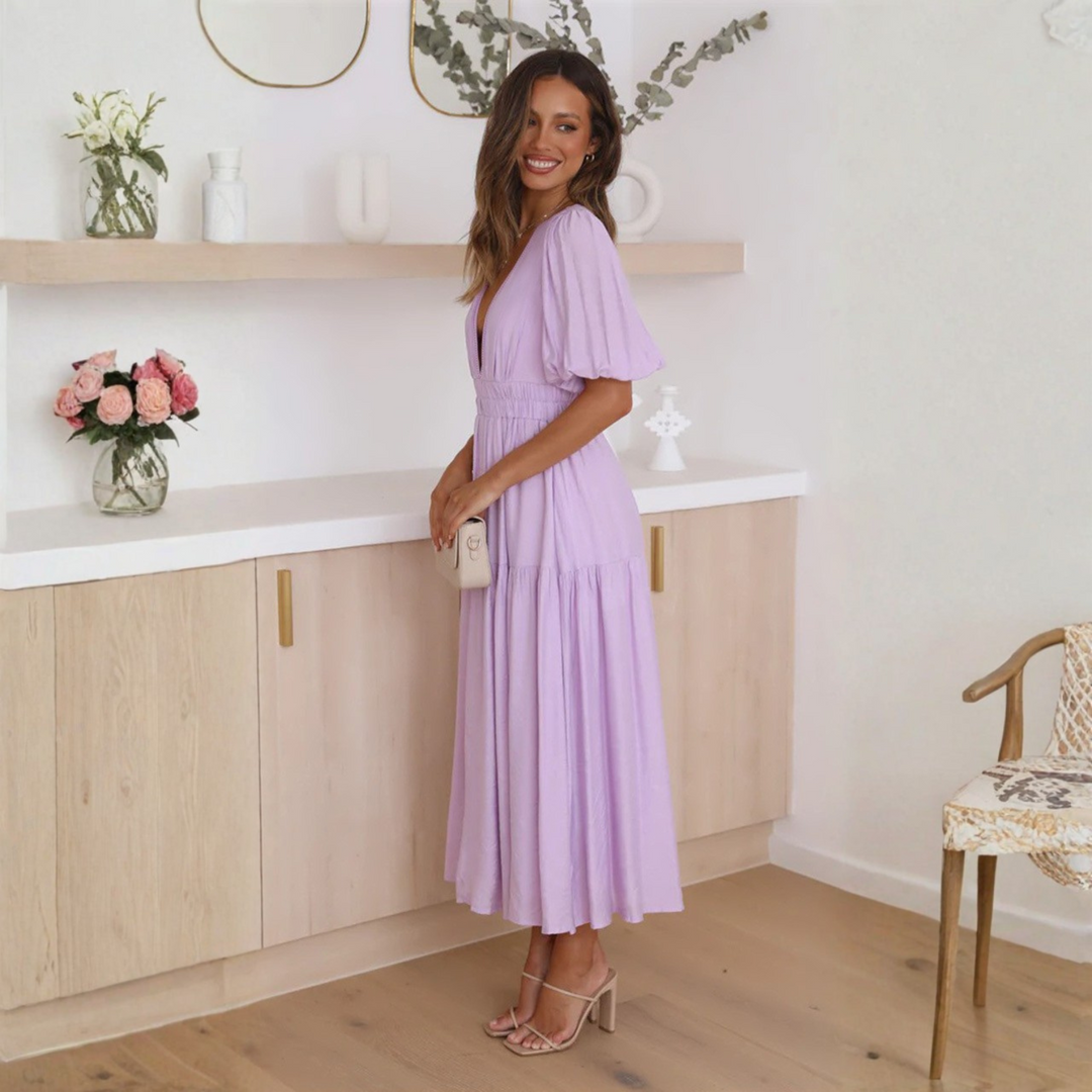 NAMU™ - Robe longue élégante à col en V et manches longues, coupe trapèze