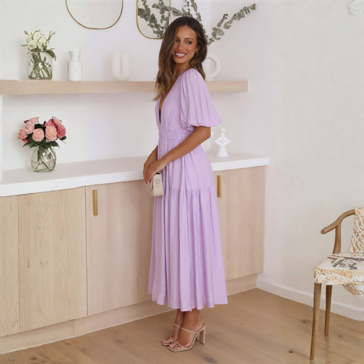 NAMU™ - Robe longue élégante à col en V et manches longues, coupe trapèze