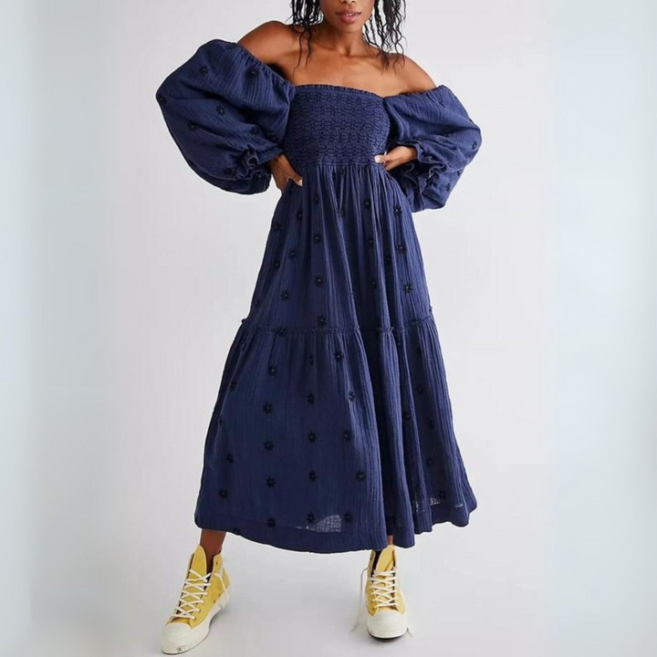 MOIRA™ - Robe maxi confortable à manches lanternes et col carré, ornée de fleurs