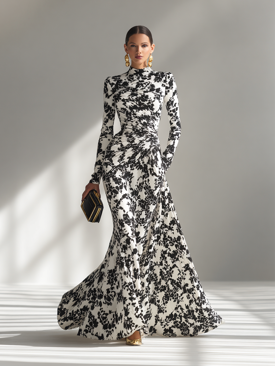 Black-and-White Patterned Stretch-Blend Wrap Dress