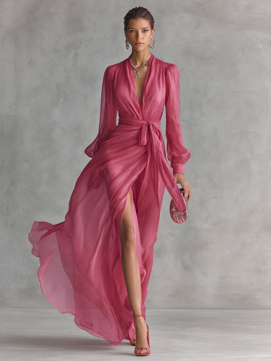 Rose Pink Chiffon V-Neck Tie-Waist Long Dress