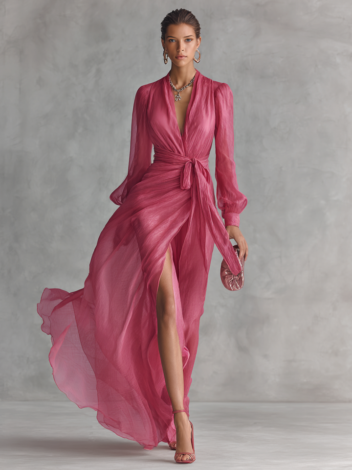 Rose Pink Chiffon V-Neck Tie-Waist Long Dress