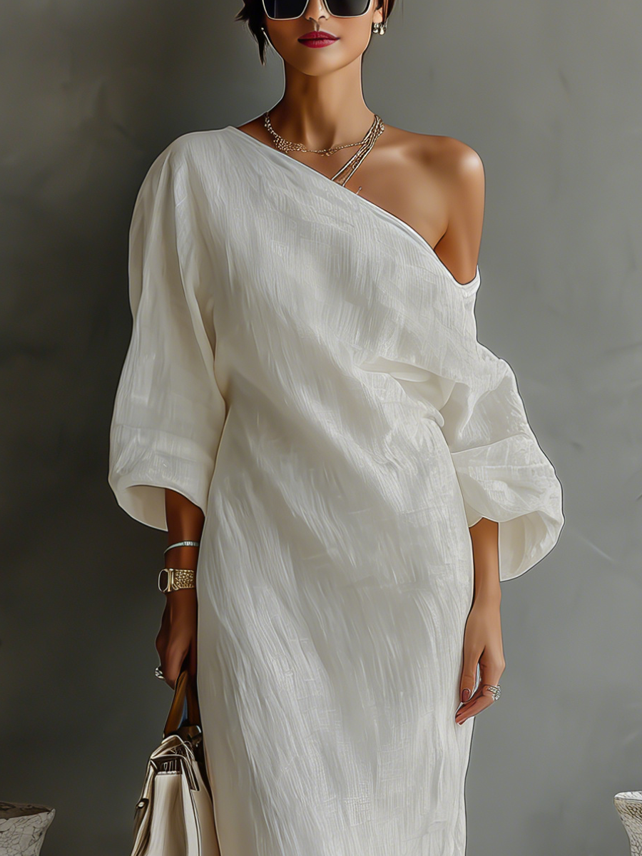 Robe fluide asymétrique en mélange coton-lin ivoire