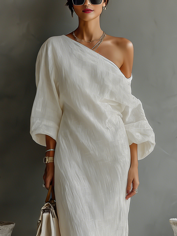 Robe fluide asymétrique en mélange coton-lin ivoire