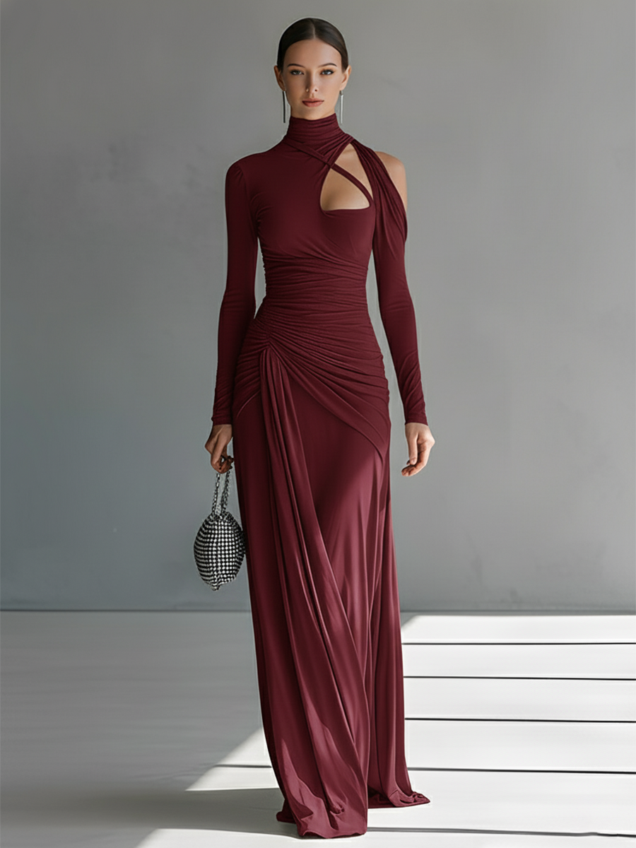 Grey Silky Stretch Ruched Cut-Out Maxi Dress