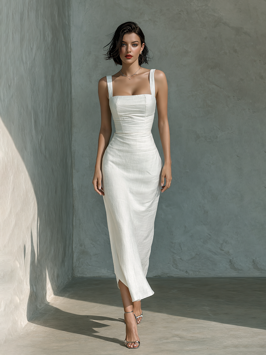Robe midi sans manches en mélange de coton et lin blanc