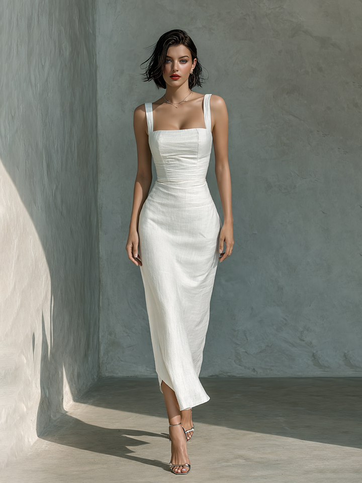 Robe midi sans manches en mélange de coton et lin blanc