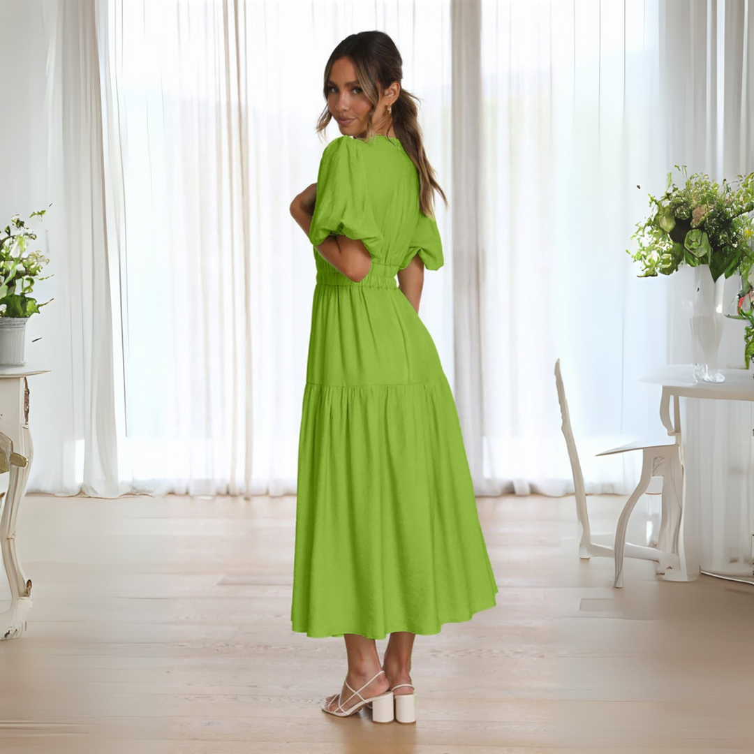 NAMU™ - Robe longue élégante à col en V et manches longues, coupe trapèze
