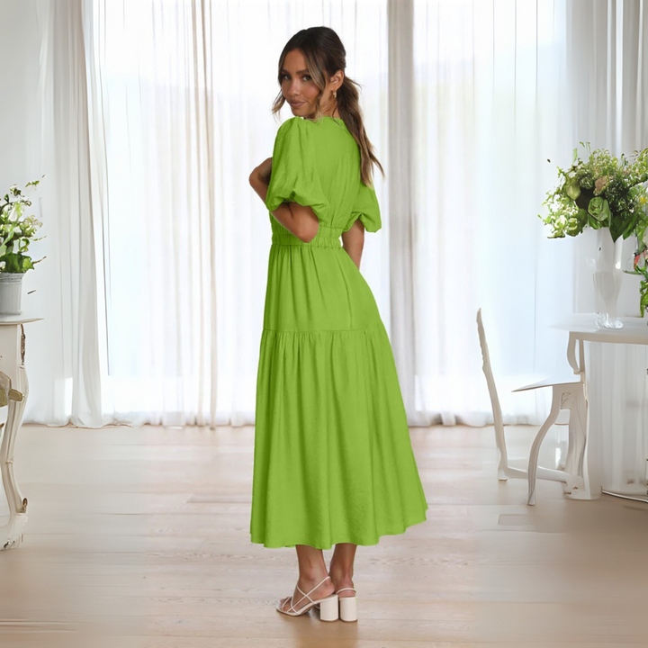 NAMU™ - Robe longue élégante à col en V et manches longues, coupe trapèze