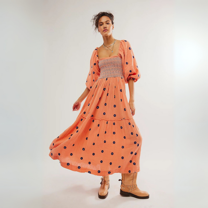 MOIRA™ - Robe maxi confortable à manches lanternes et col carré, ornée de fleurs