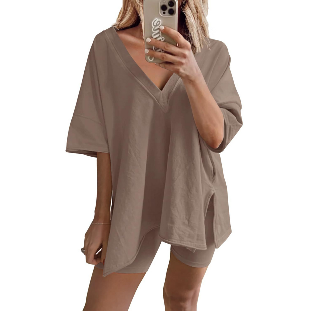 RAMLYN™ – Ensemble décontracté t-shirt oversize à col V et short 