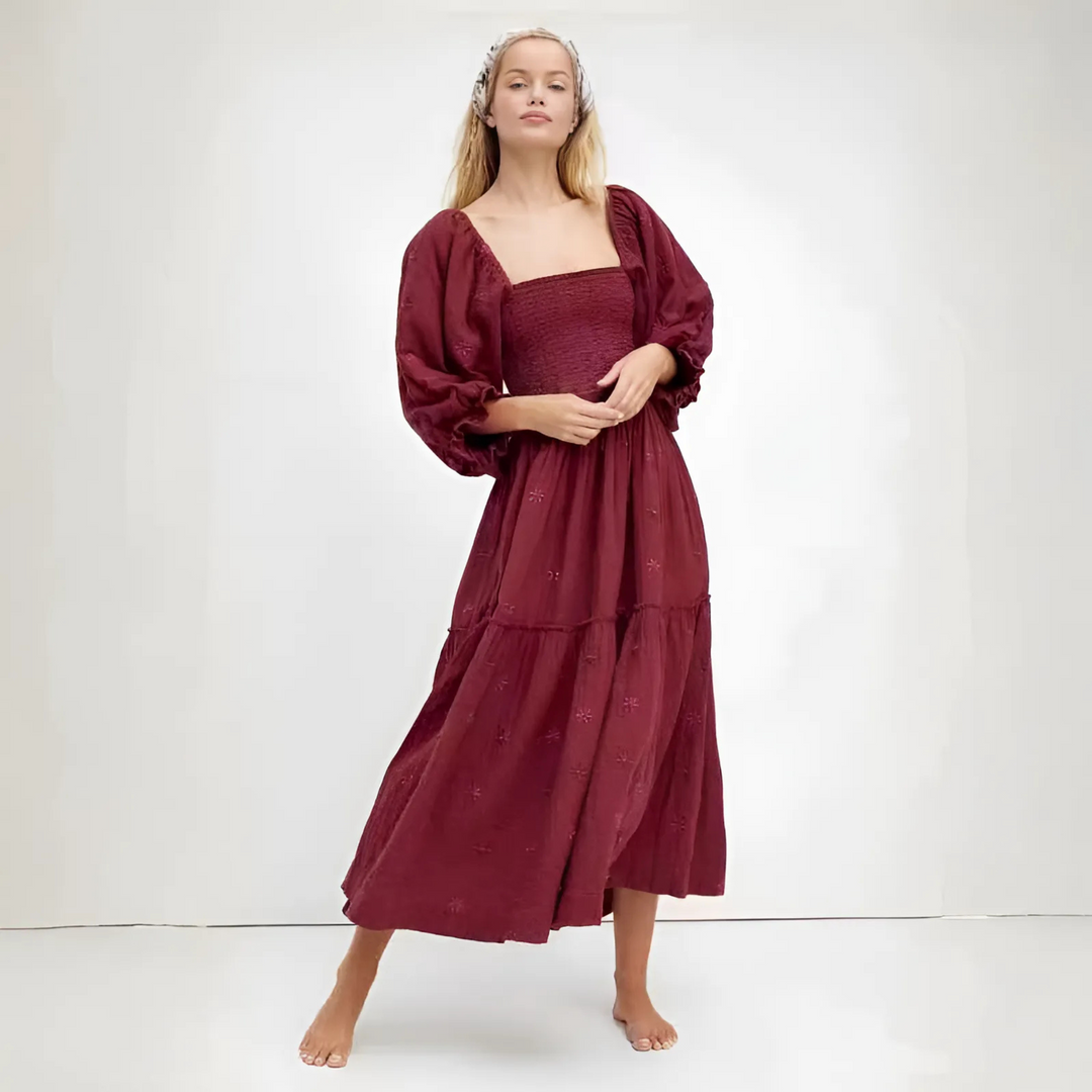 MOIRA™ - Robe maxi confortable à manches lanternes et col carré, ornée de fleurs