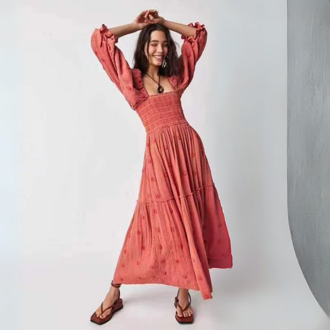 MOIRA™ - Robe maxi confortable à manches lanternes et col carré, ornée de fleurs