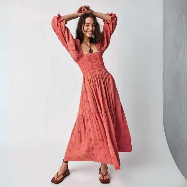 MOIRA™ - Robe maxi confortable à manches lanternes et col carré, ornée de fleurs