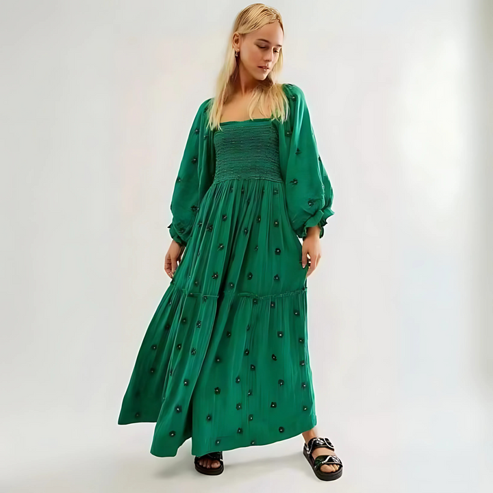 MOIRA™ - Robe maxi confortable à manches lanternes et col carré, ornée de fleurs