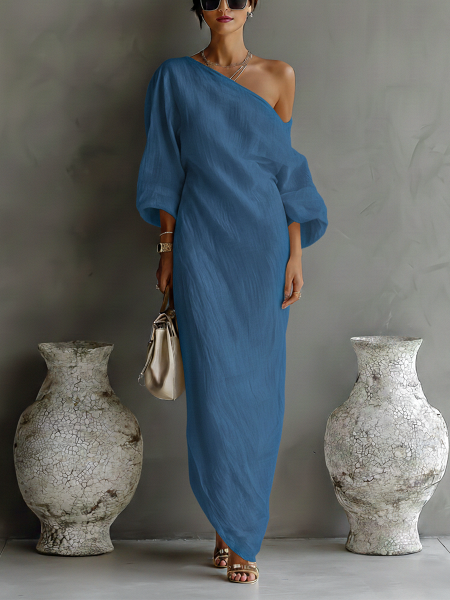 Robe fluide asymétrique en mélange coton-lin ivoire