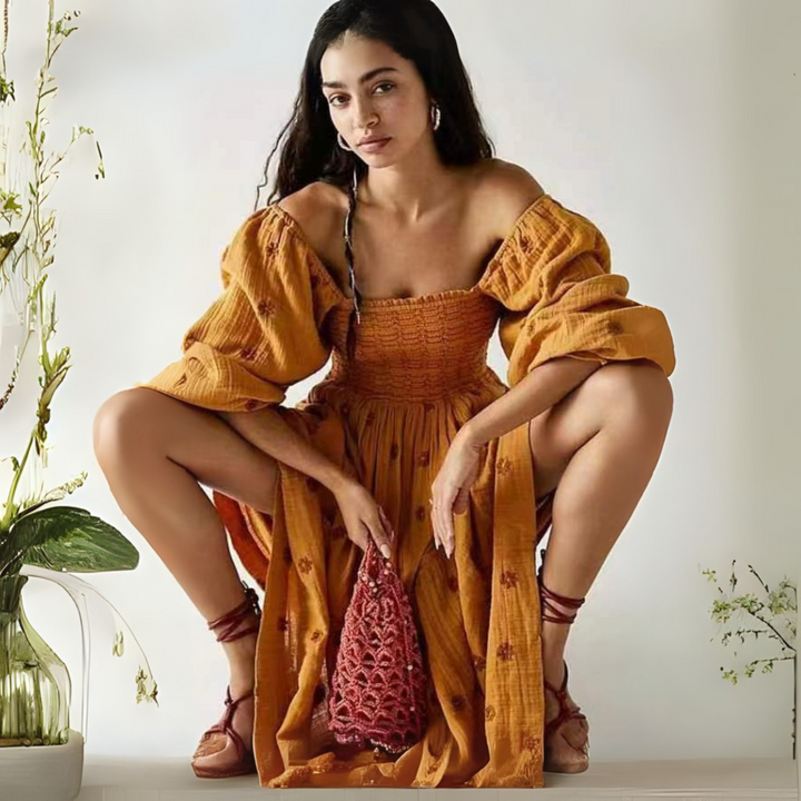 MOIRA™ - Robe maxi confortable à manches lanternes et col carré, ornée de fleurs