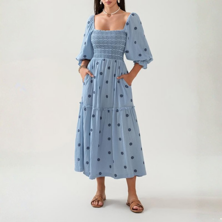 MOIRA™ - Robe maxi confortable à manches lanternes et col carré, ornée de fleurs