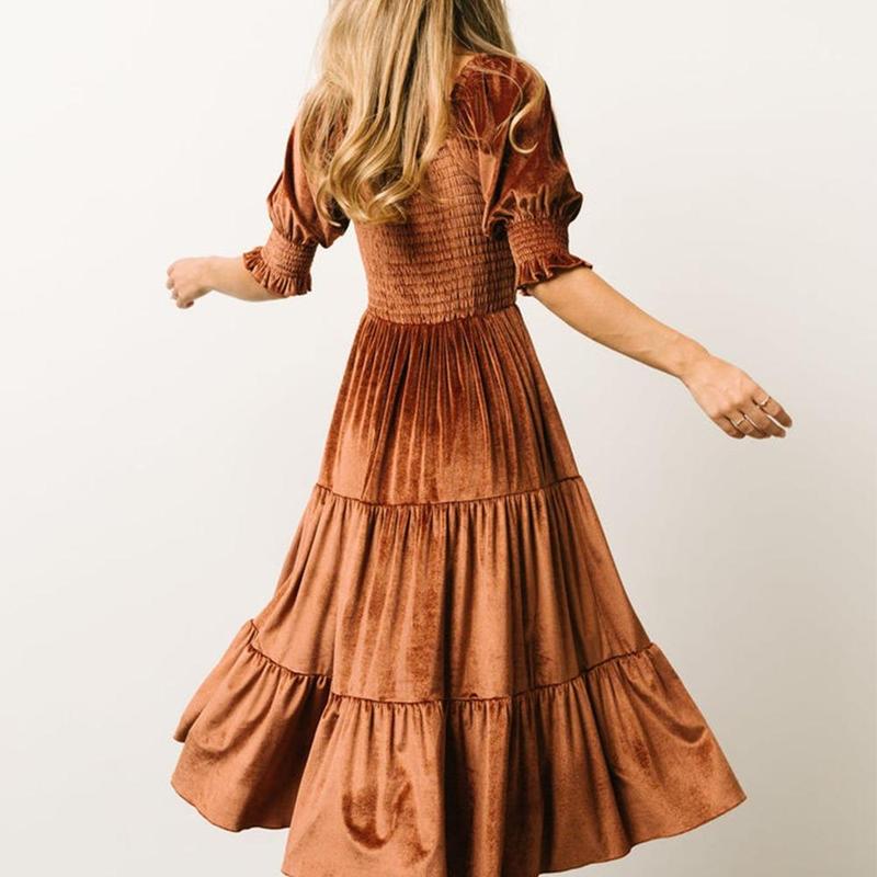 AUDREY™ - Robe midi trapèze à col carré et manches bouffantes pour toutes les occasions