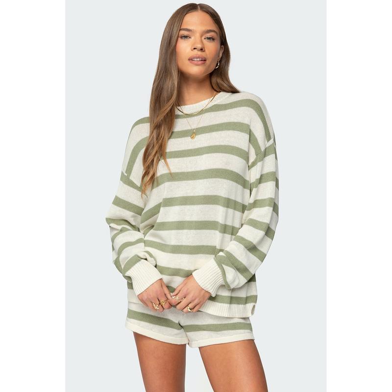 NINA™ - Ensemble deux pièces pull rayé oversize et short à lacets
