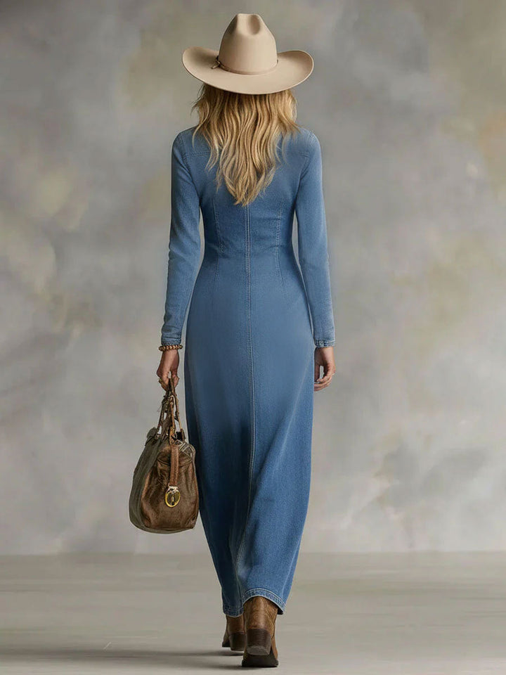 Agape | V-Neck Denim Maxi Dress