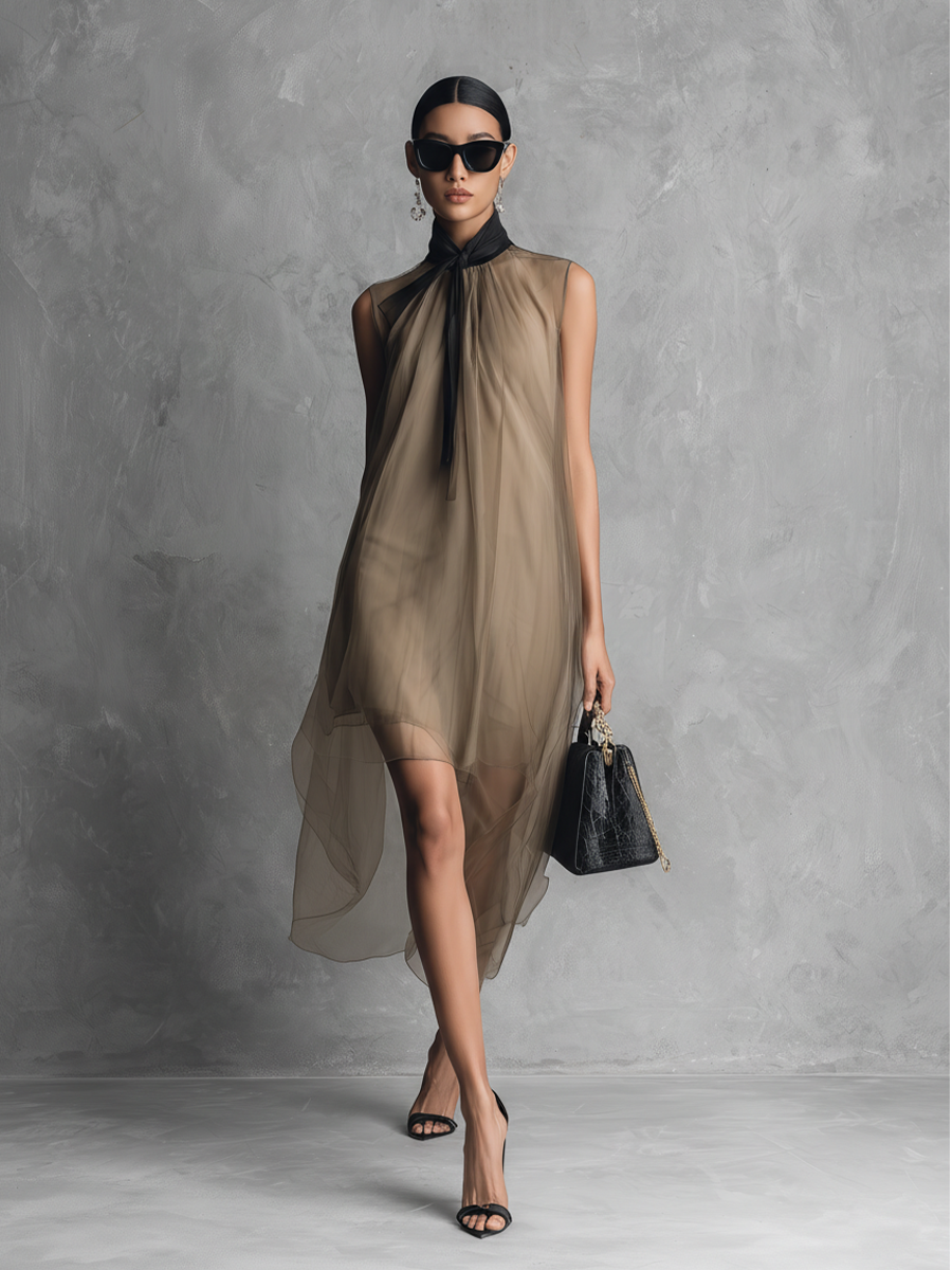 Robe sans manches en mousseline bicolore kaki et marron de luxe léger pour femme MDZ1535A7BA