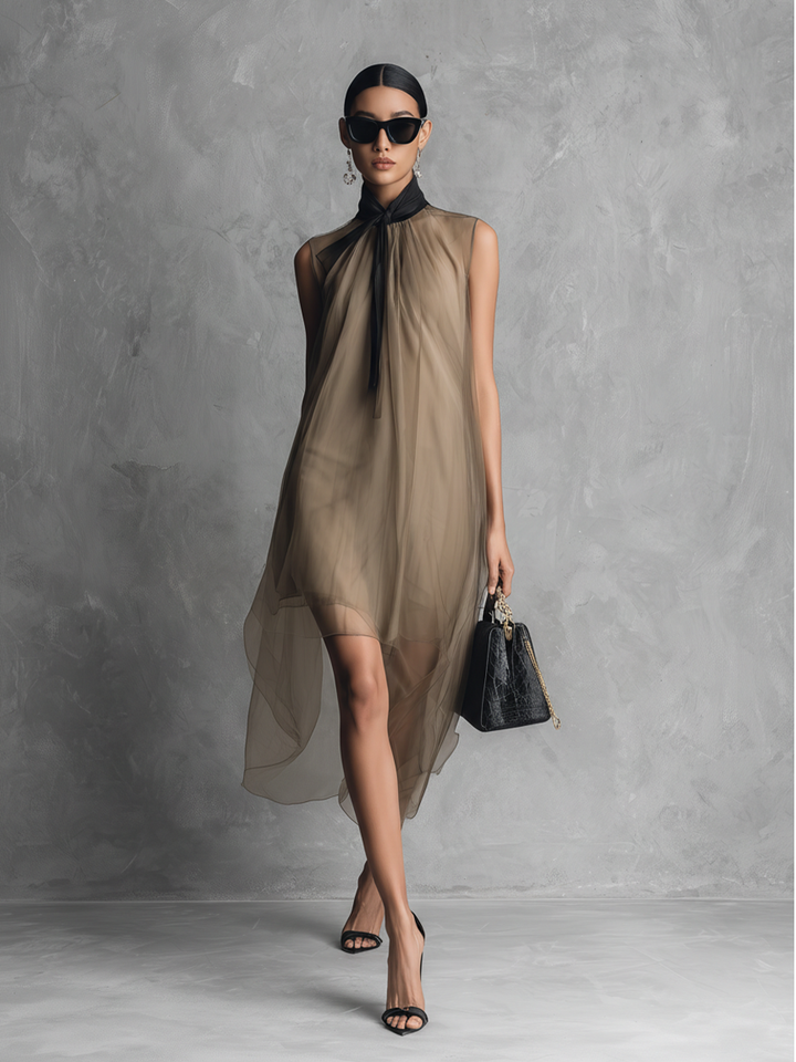 Robe sans manches en mousseline bicolore kaki et marron de luxe léger pour femme MDZ1535A7BA