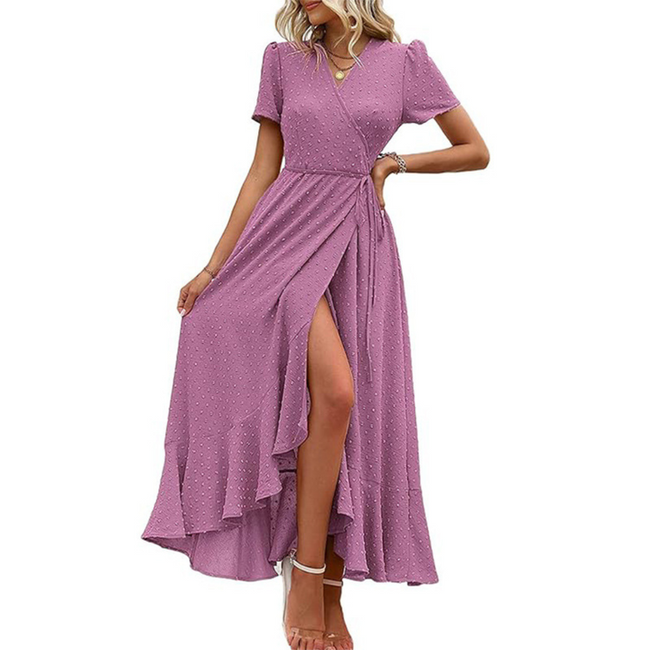PILAR™ – Robe longue élégante à manches courtes, col en V et coupe portefeuille fluide