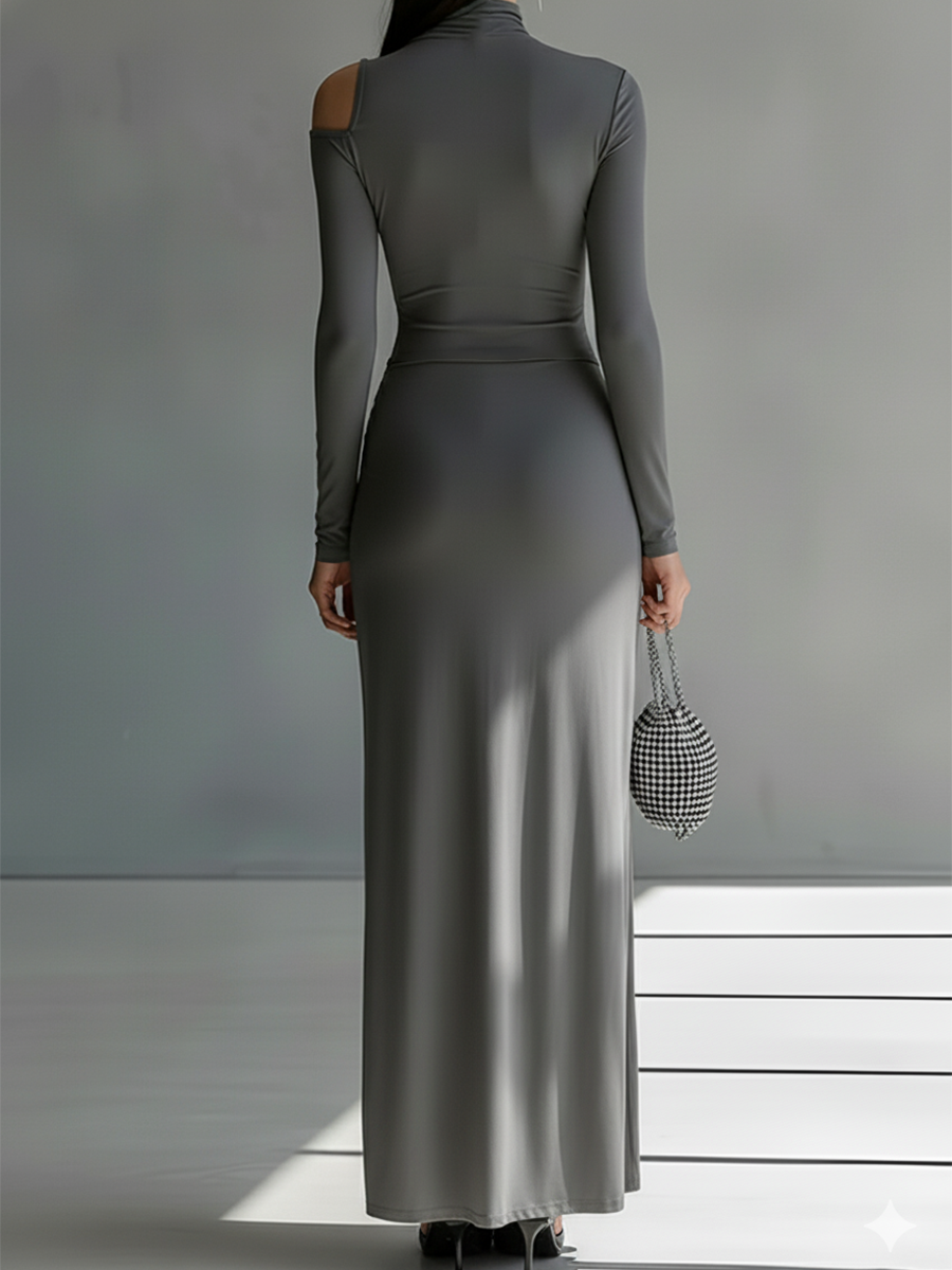 Grey Silky Stretch Ruched Cut-Out Maxi Dress