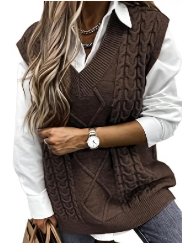 HANNAH™ - Gilet en maille texturée à col en V, style preppy, idéal pour la superposition automne-hiver