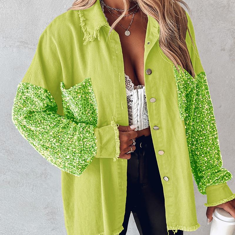 NENITA™ - Veste chic oversize à col boutonné et ourlet à sequins