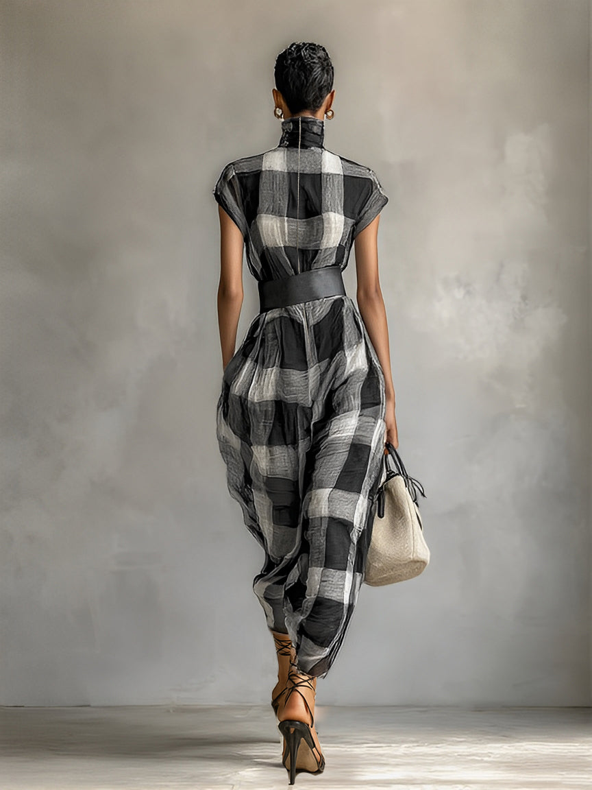 Plaid Cotton-Blend High-Collar Short-Sleeve Belted Maxi Dress
