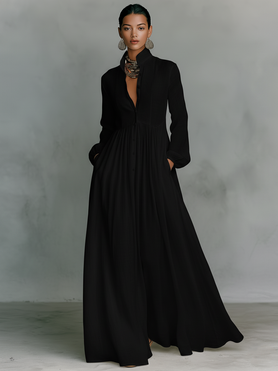 Robe longue en patchwork coton-lin, col montant et manches longues à boutonnage simple