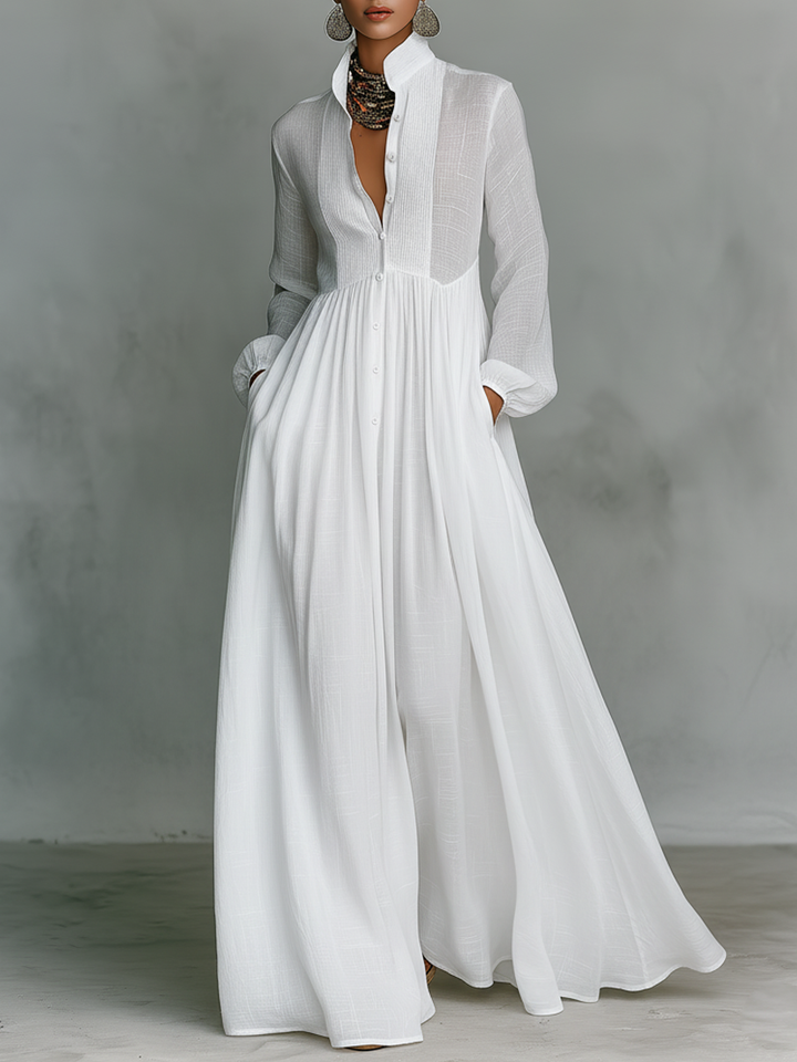 Robe longue en patchwork coton-lin, col montant et manches longues à boutonnage simple