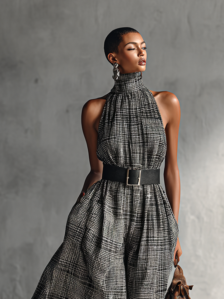 Plaid High-Collar Sleeveless Belted Maxi Dress