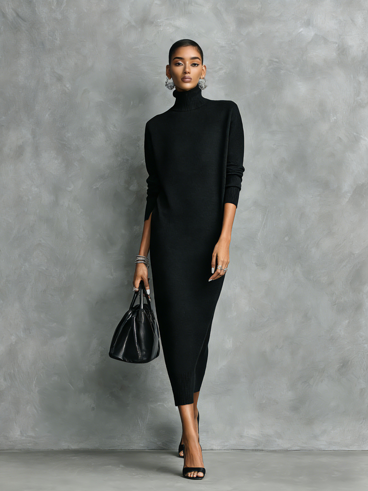 Robe midi noire tricotée à col roulé et manches longues