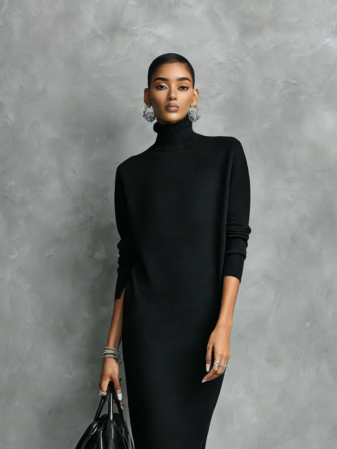 Robe midi noire tricotée à col roulé et manches longues