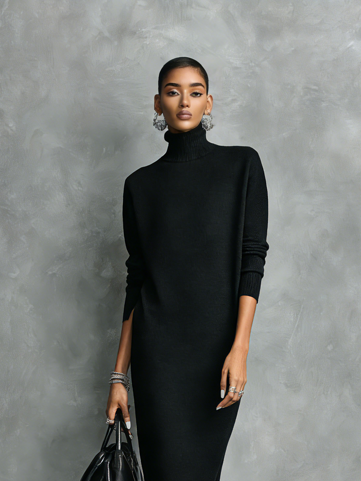 Robe midi noire tricotée à col roulé et manches longues