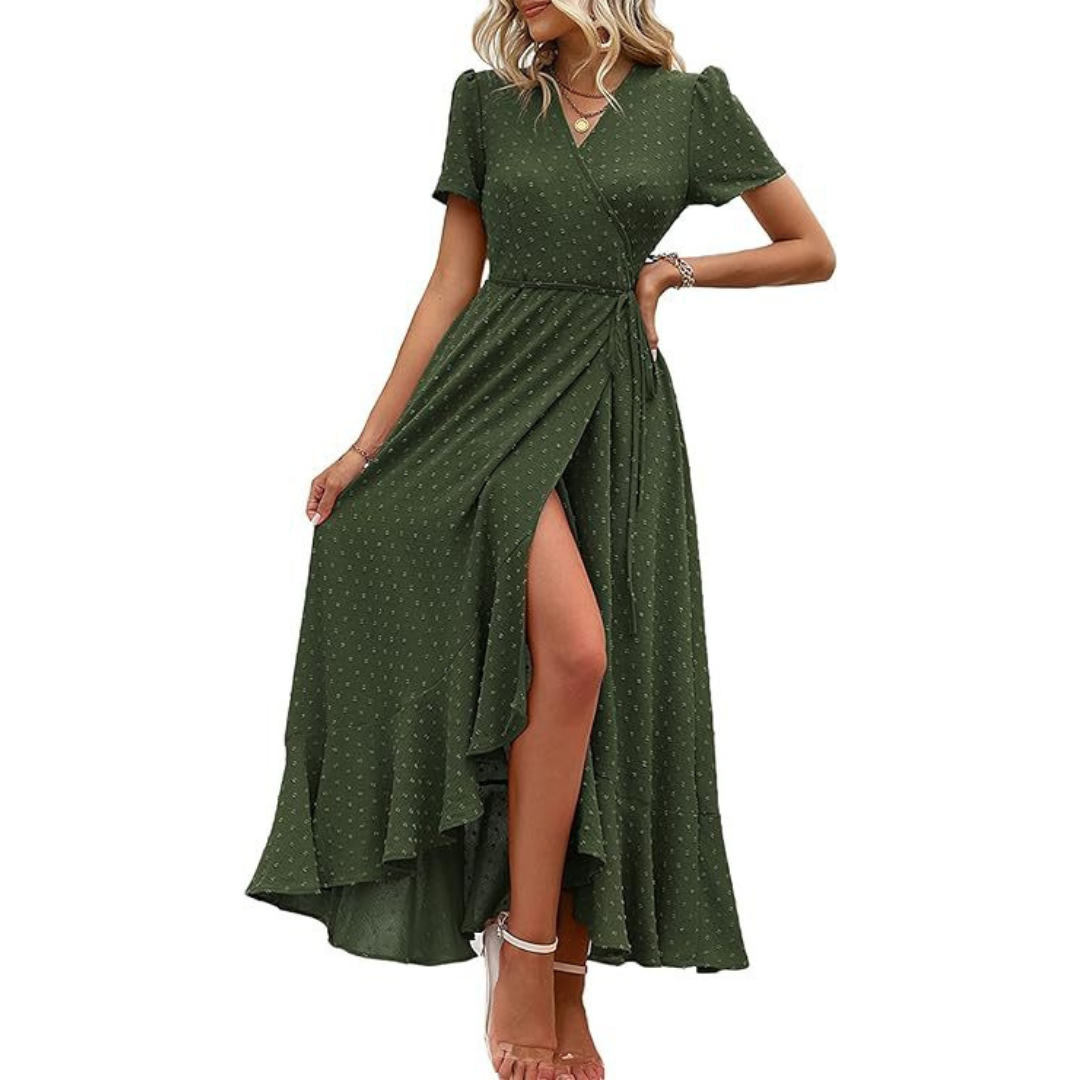 PILAR™ – Robe longue élégante à manches courtes, col en V et coupe portefeuille fluide