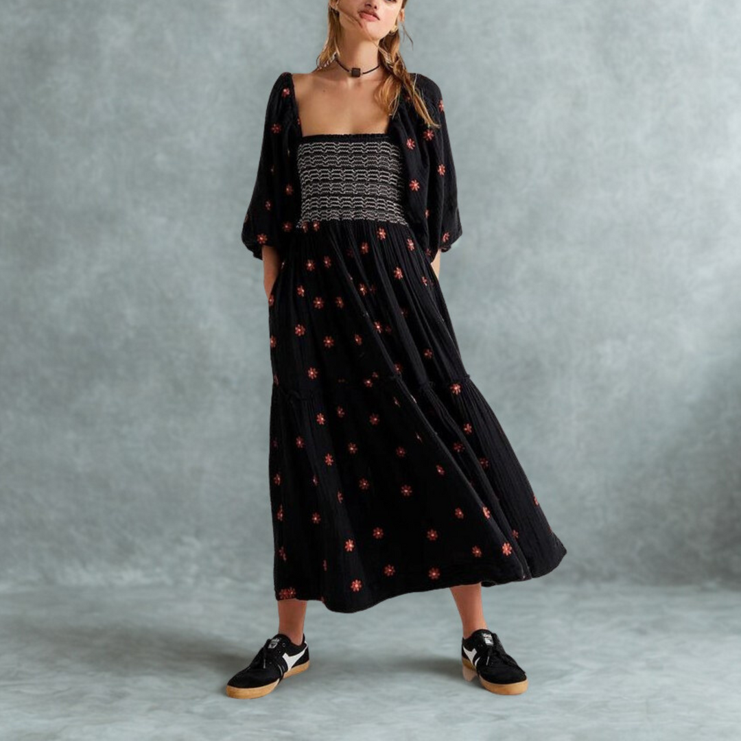 MOIRA™ - Robe maxi confortable à manches lanternes et col carré, ornée de fleurs