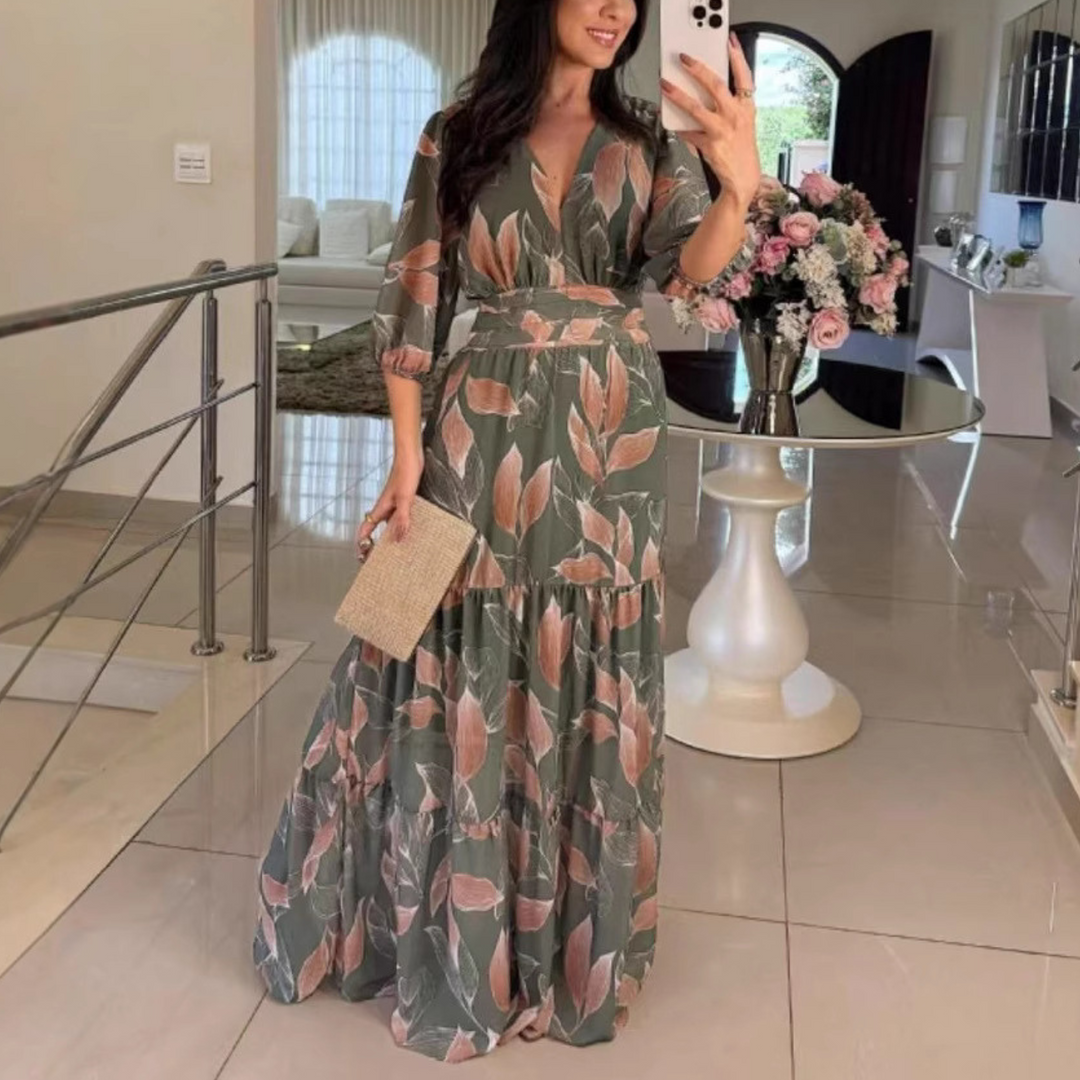 BELL™ - Robe longue élégante à col en V et manches bouffantes