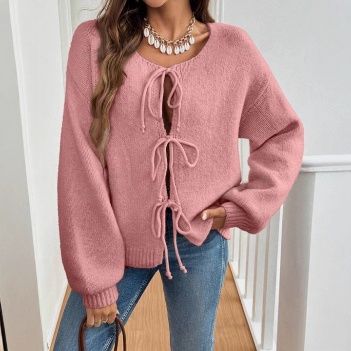 ADRIENNE™ - Gilet chic à manches longues, col rond et nœud sur le devant