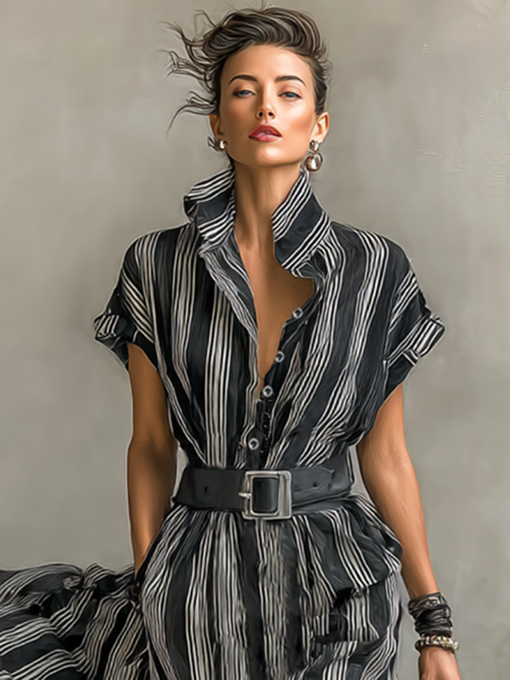Chiffon Striped Printed Lapel Short-Sleeve Belted Maxi Dress